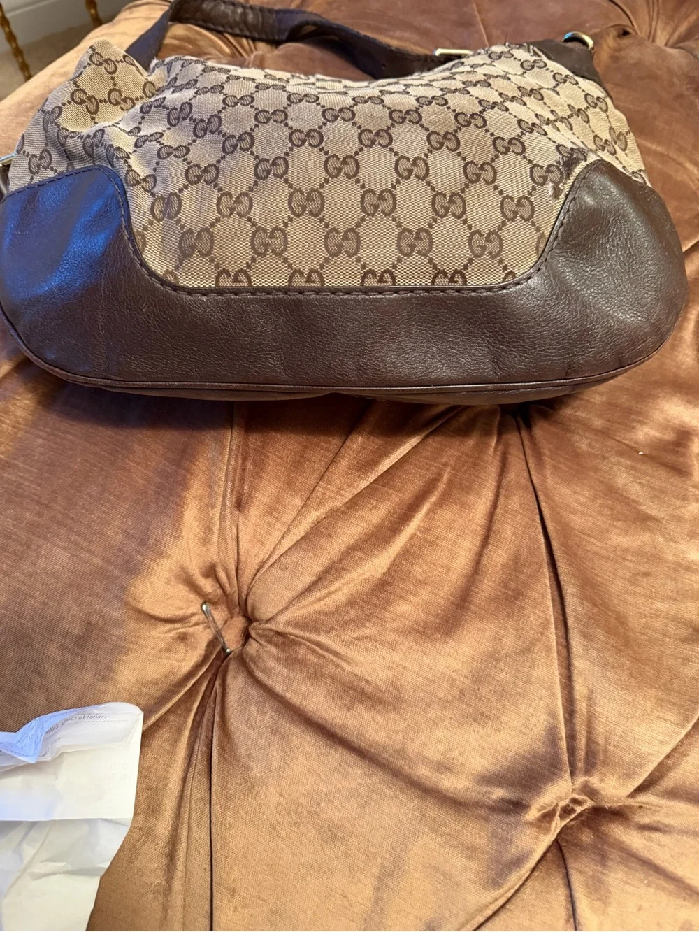 Gucci Beige GG Canvas Hobo with Dark Brown Leather Trim